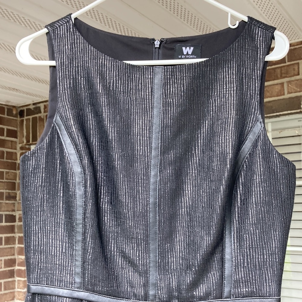 W by Worth sleeveless, sleek dress, leather trim and shiny looking material, 6